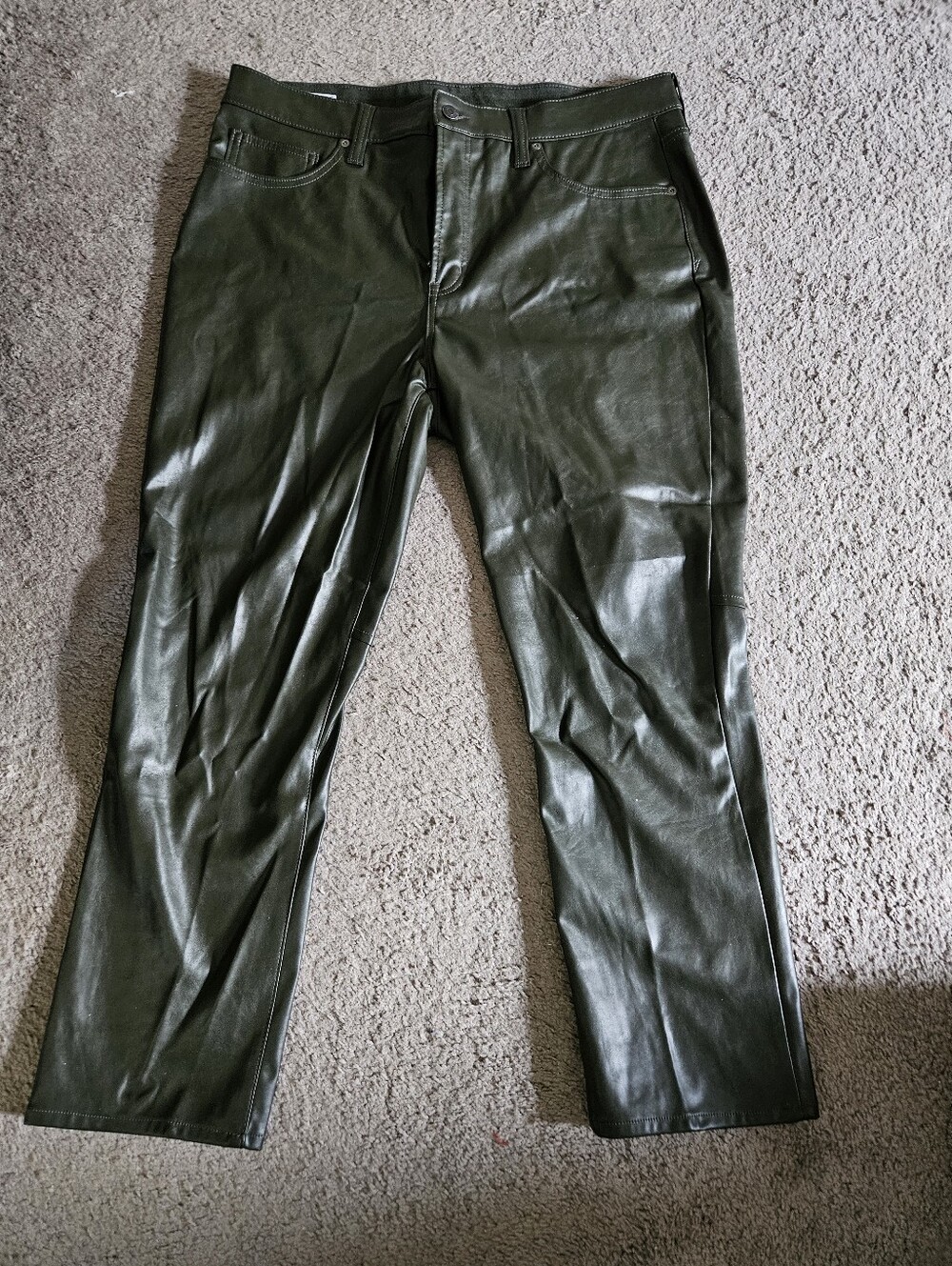 GAP Dark Olive Faux Leather Pants - High Rise Slim Sz 34/18 $25
